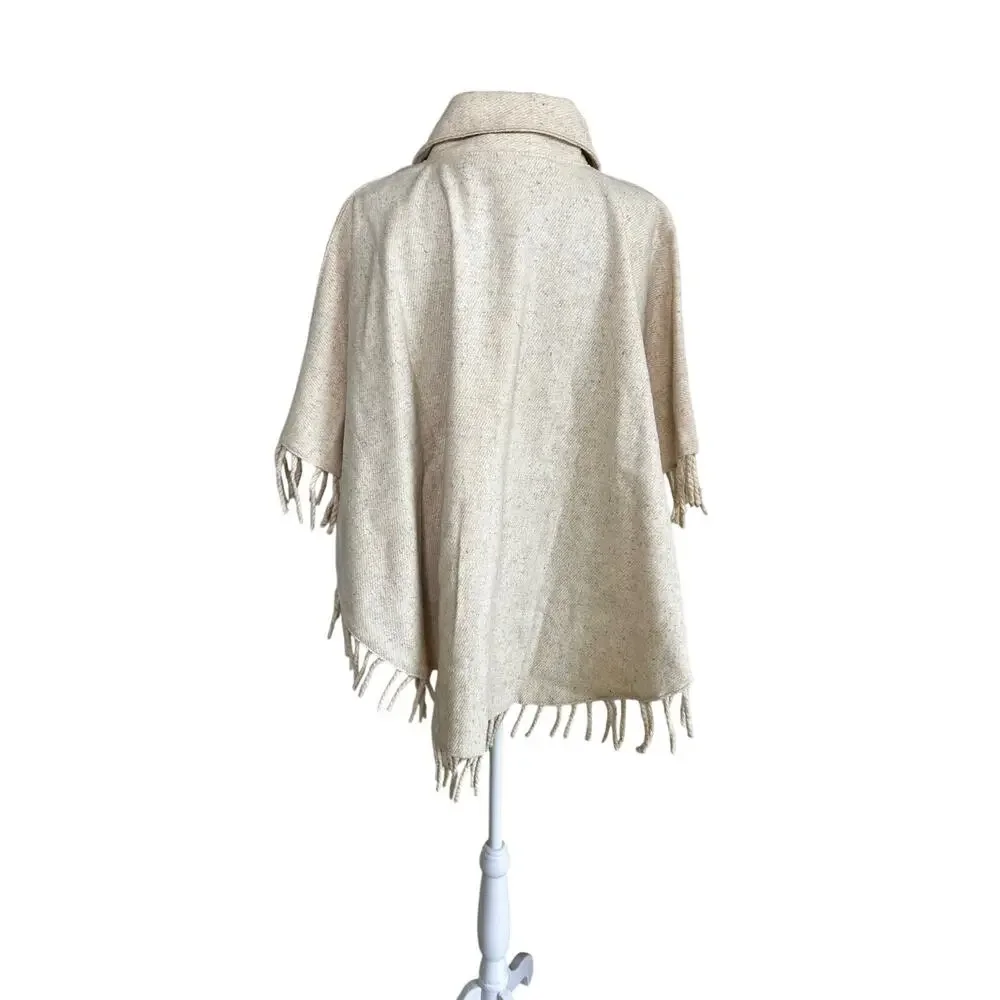 Artilana Wool Cape Poncho Cream Fringe Ruana Wrap Jacket Boho One Size